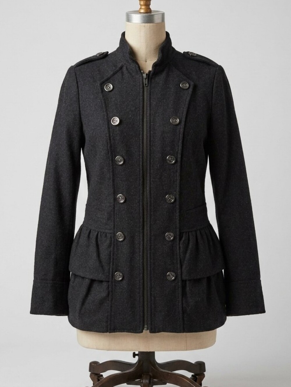Dark Gray Fitted Wool Ruffle Hem Full Zip Jacket XS Military Lolita Steampunk